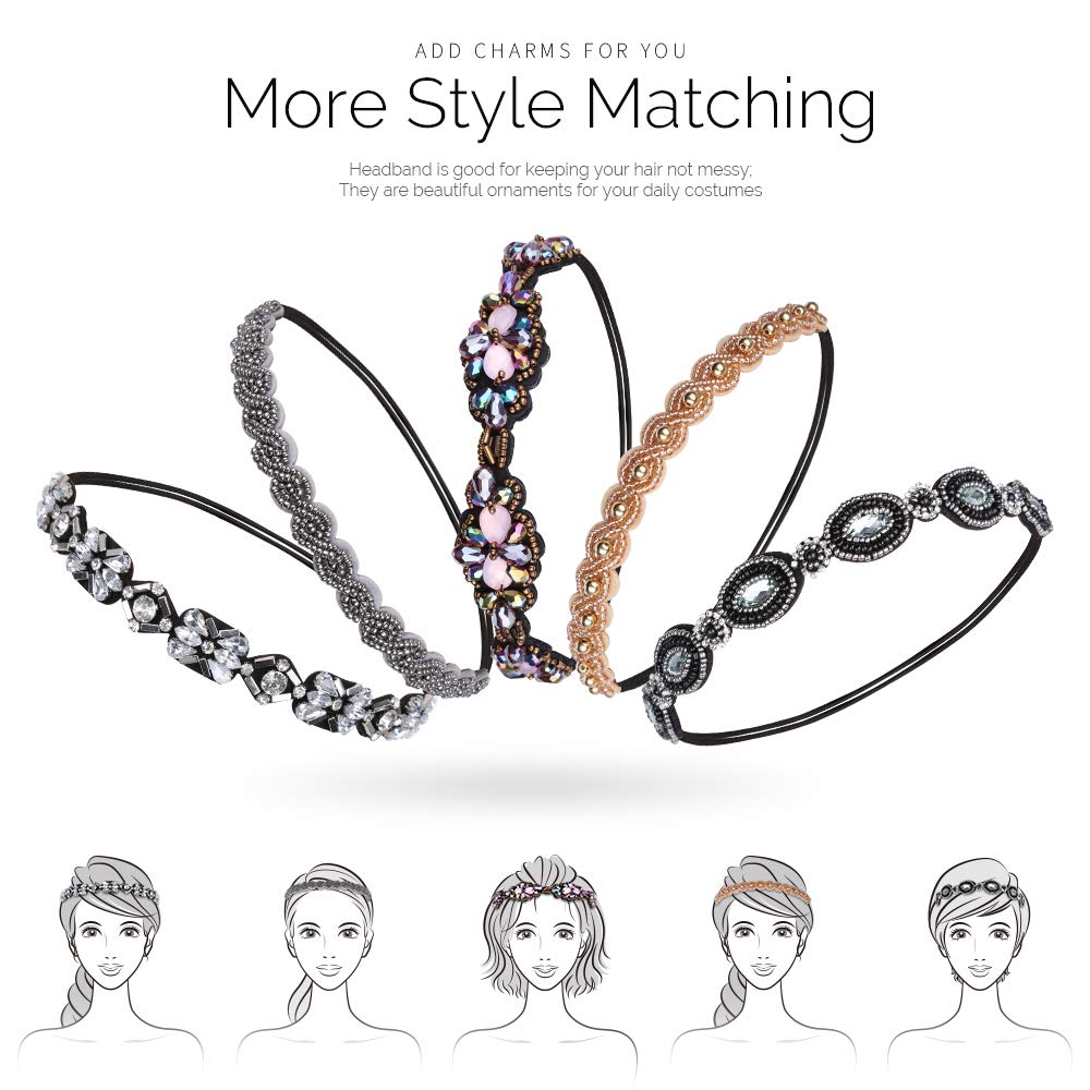5pcs Elastic Beaded Headbands, Jewels Hairbands Hat Bands, Crystal Rhinestone Headband for Women Girls