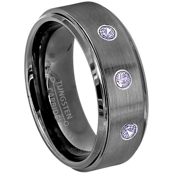 Brushed Gunmetal Tungsten Ring - 0.21ctw Tanzanite 3-stone Band - Personalized Tungsten Wedding Ring - Custom Made December Birthstone Ring TN616BS