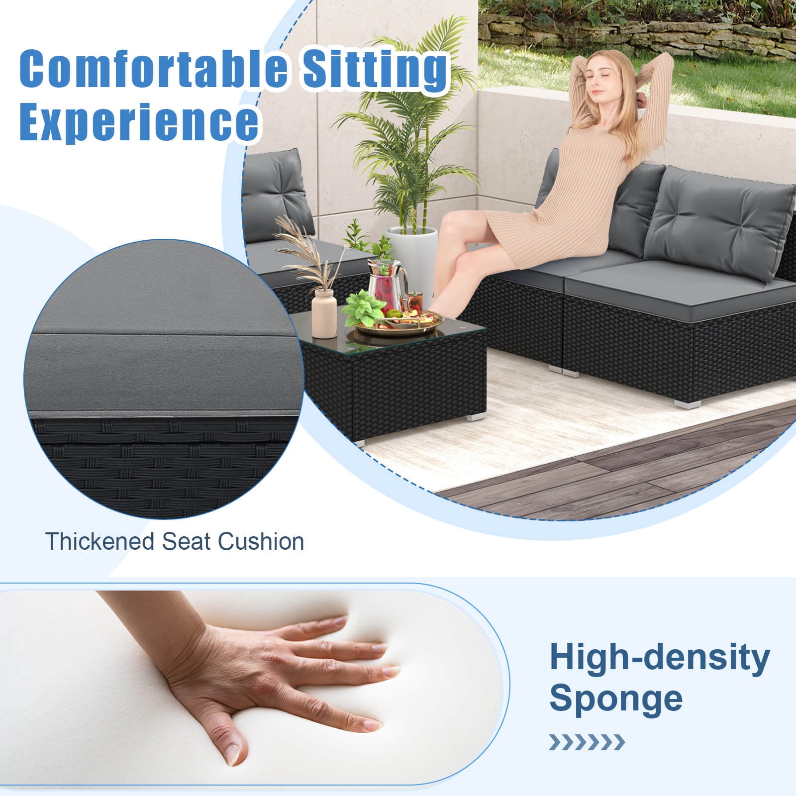 Costway 5 Piece Outdoor Furniture Set with Seat & Back Cushions  Tempered Glass Tabletop Gray