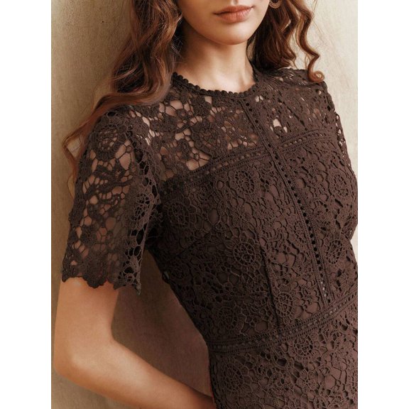 Coffee Brown Lace Sheath Dress With Short Sleeve And Ruffled Neckline