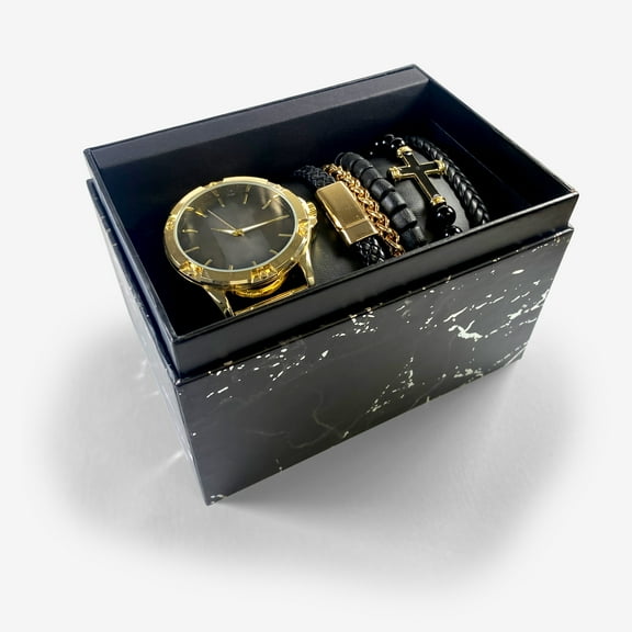 Accutime Analog Mens Watch Set w Matching Bracelets and Cross in Gold and Black Model# MAC7123WM