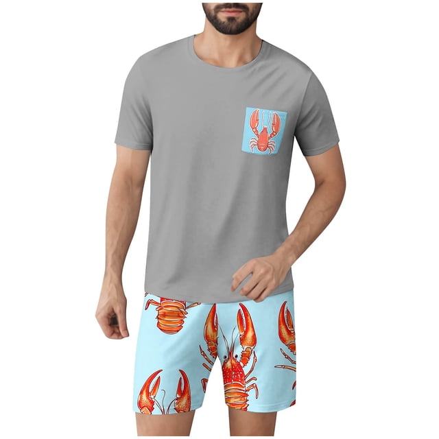 Ensembles de Pyjamas 2 Pcs pour Hommes Ultra Doux Texturés Costumes Athlétiques Extensibles Col Rond Manches Courtes Chemises Athlétiques Extensibles Séchage Rapide Vêtements de Détente Shorts Ensembles d'Été Hommes 2 Pcs Chemise de Nuit