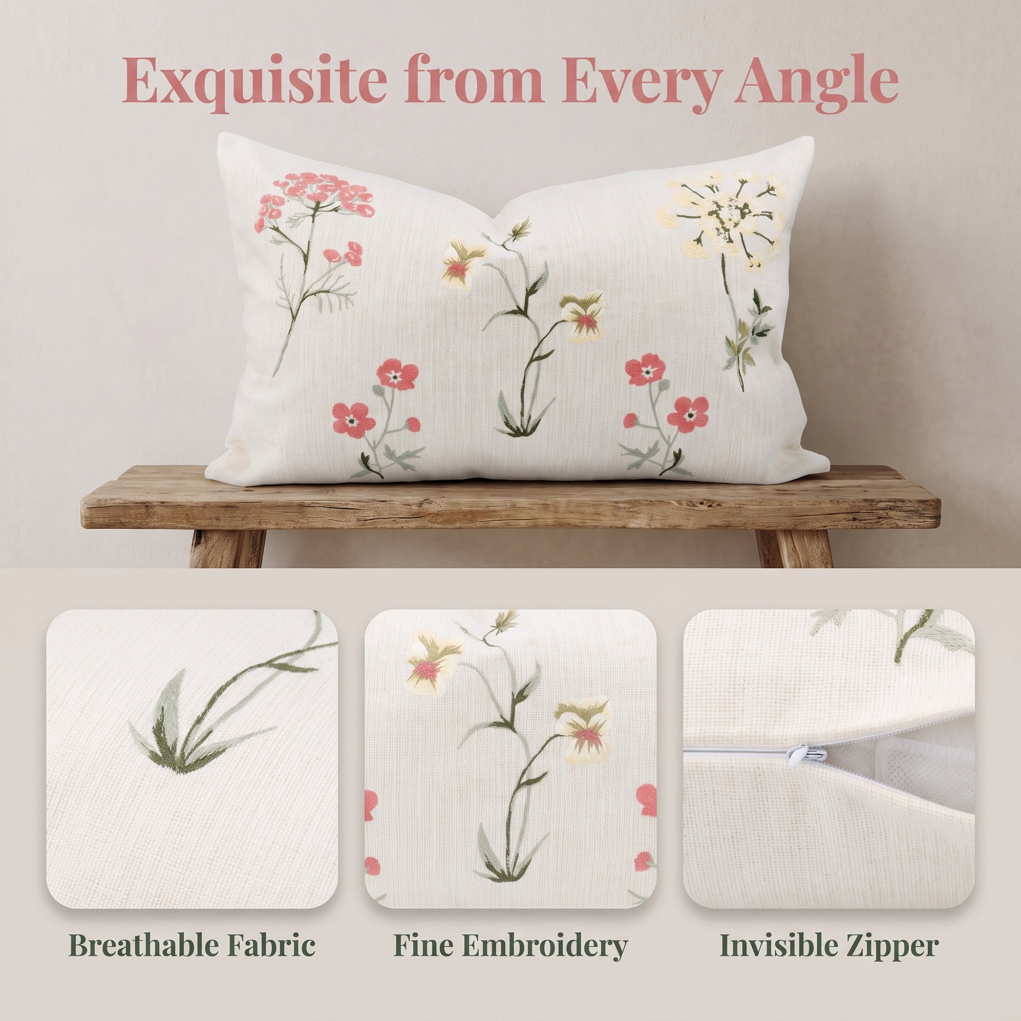 Unique Bargains Embroidered Floral Pillow Cover Rustic Cushion Case Multicolor 20"x12"