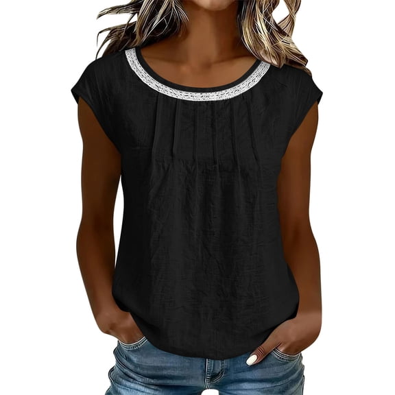RQYYD Womens Sleeveless Lace Trim Crew Neck Tops Casual Summer Blouses Loose Fit Flowy Tank Tops for Daily Wear