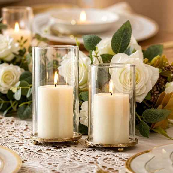 Liwantech Set of 2 Hurricane Candle Holders, Vintage Metal Base Windproof Pillar Candle Holder, Large & Small Glass Candle Set for Wedding Centerpieces, Dining Table Home Decor