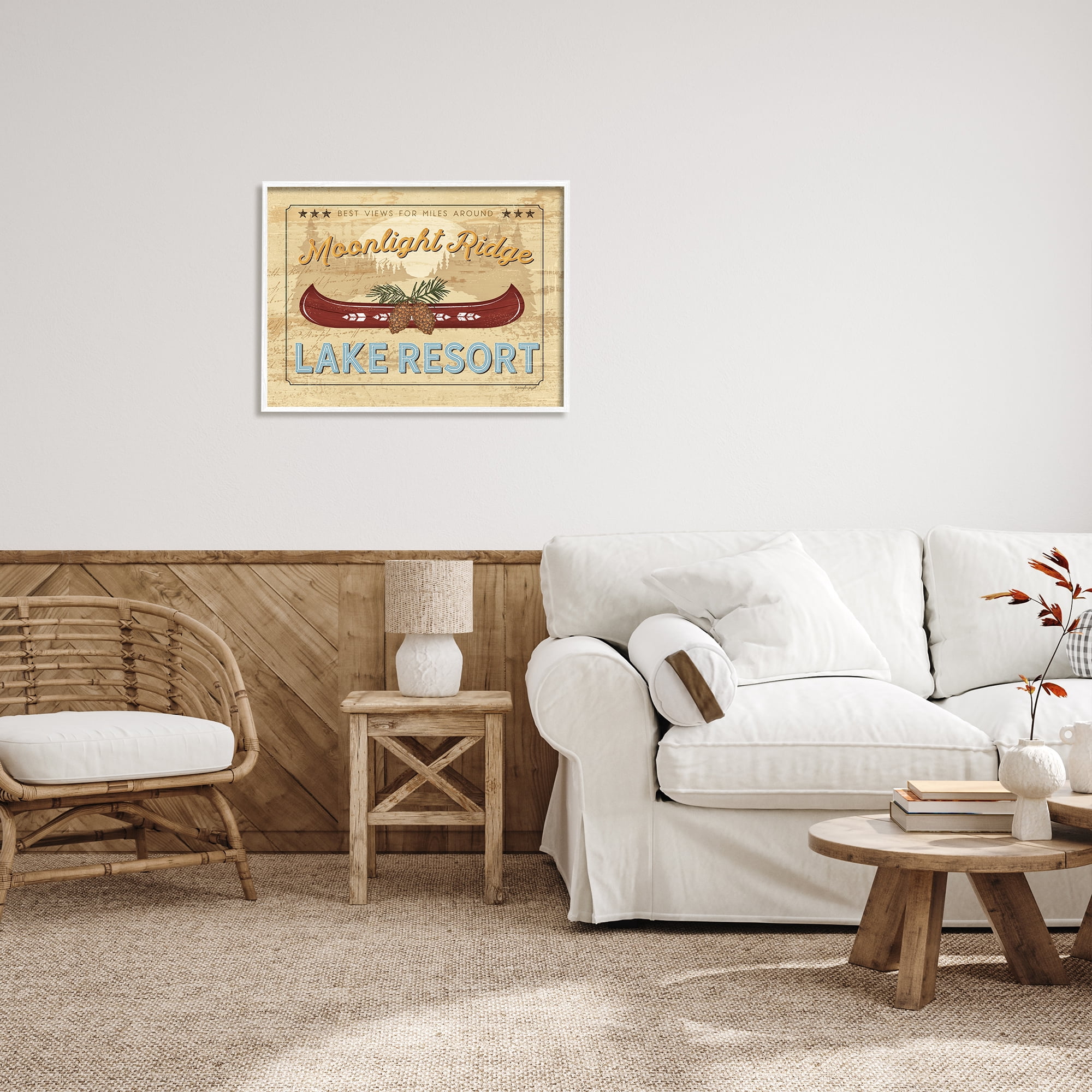 Stupell Moonlight Ridge Lake Resort Canoe Landscape Painting White Framed Art Print Wall Art