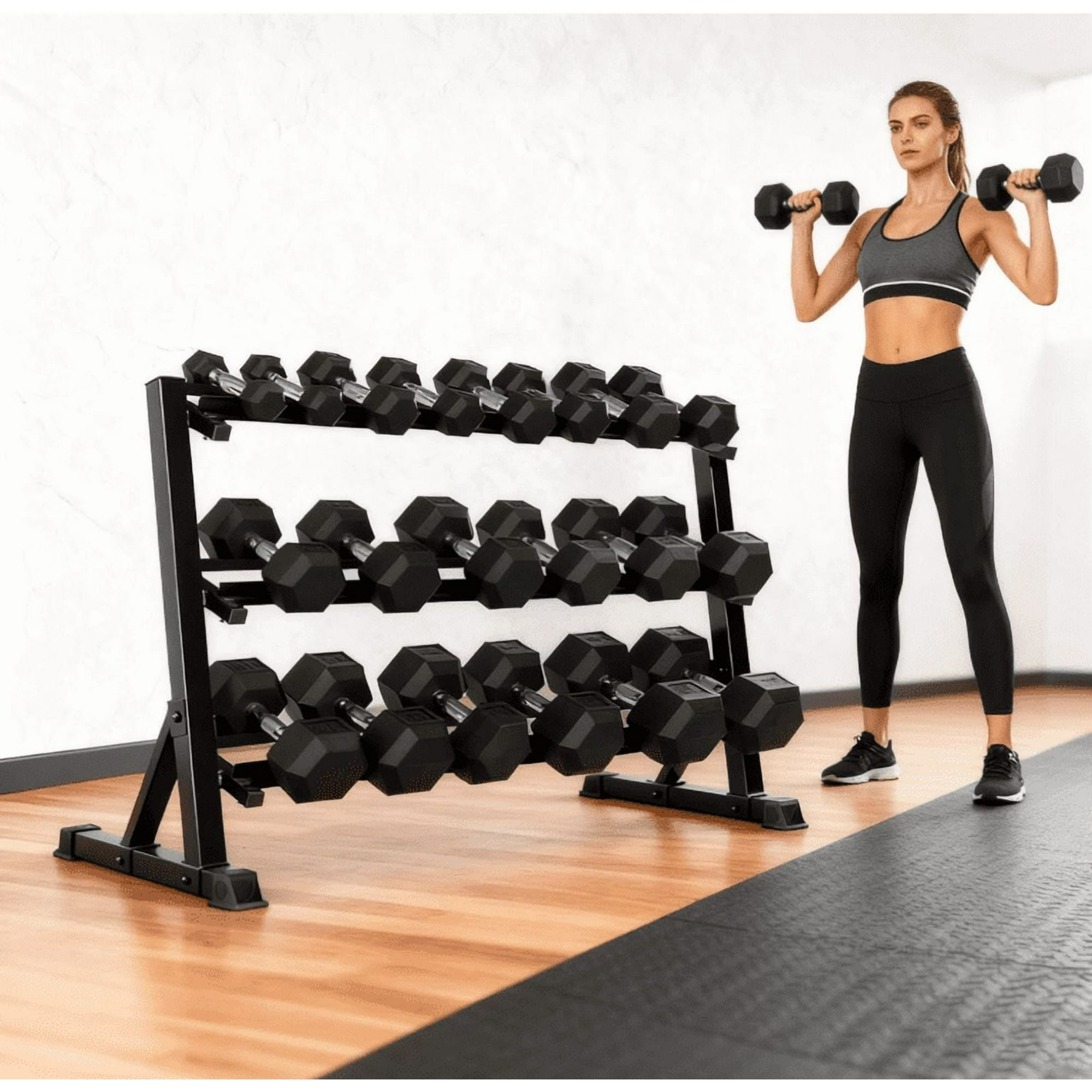 Hex Dumbbell Set with Rack - 350 lbs Total, 10-50 lbs Rubber Coated Hand Weights for Home Gym, Strength Training Fitness Equipment for Men & Women, Non-Roll Design