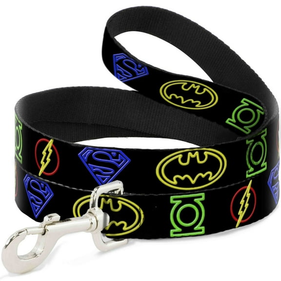 DC Comics Pet Leash, Dog Leash, Justice League Electric Logos Black Multi Neon, 4 Feet Long 0.5 Inch Wide