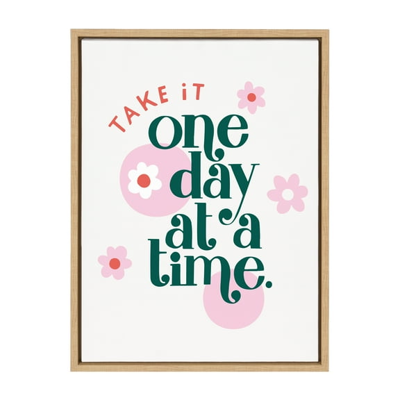 Kate and Laurel Sylvie Take It One Day At A Time Framed Canvas Wall Art by Maria Filar, 18x24 Natural, Inspirational Floral Art for Wall