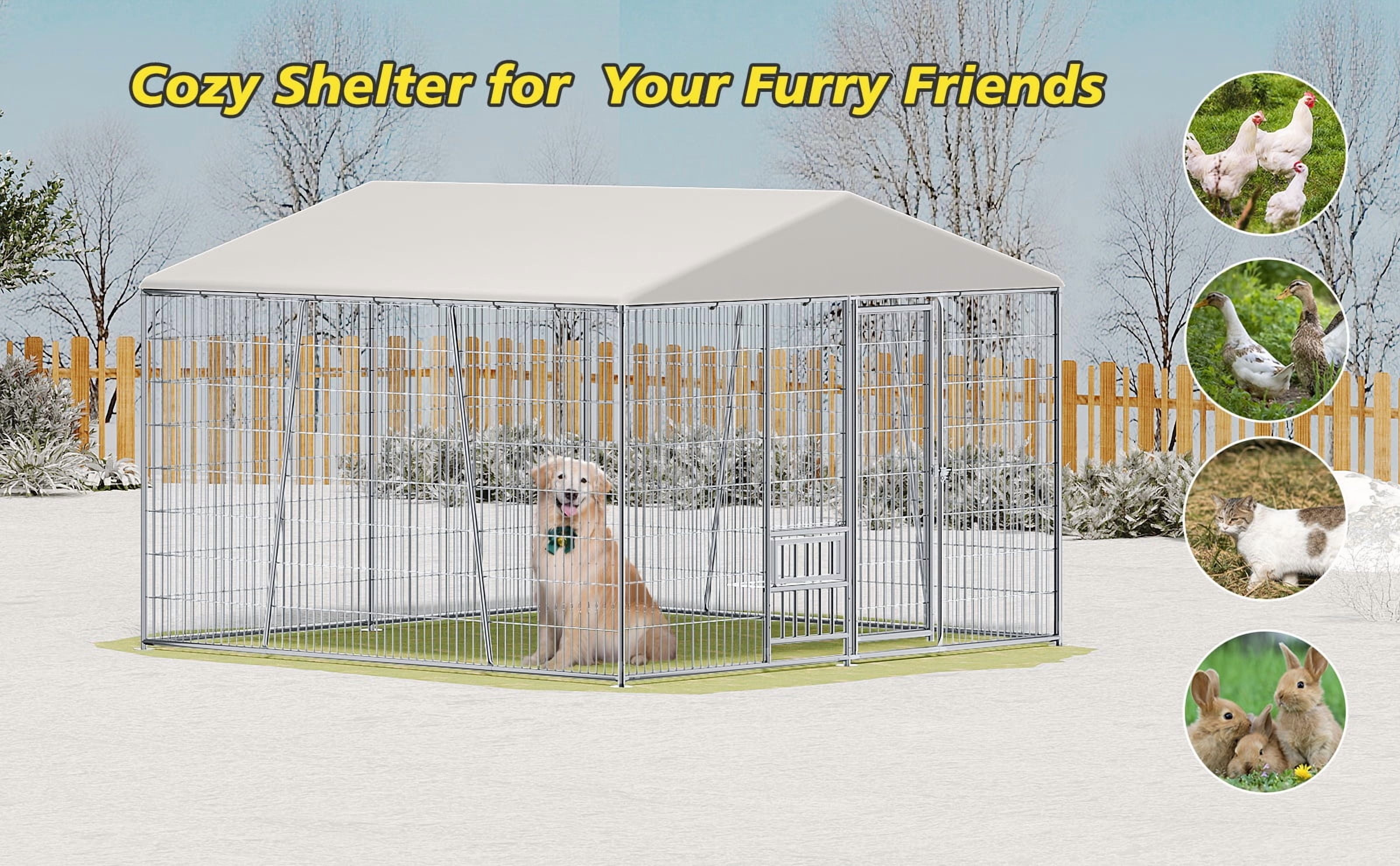 VEPXXP Lockable 10' Stainless Steel Outdoor Pet Kennel & Crate for Dog & Cat with Feeding Bowl