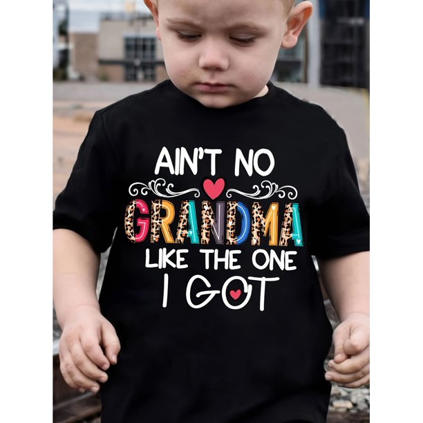 Youngsters' Summer Fashion T-Shirt, "Ain't No Grandma Like The One I Got" Letter Print, Casual Crew Neck Short Sleeve Top, 100% Cotton Knit Fabric, Regular Fit with Applique Detail, Shirts for Summer