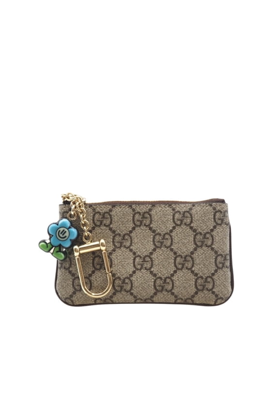 Pre-Owned GUCCI GG Supreme Flower Coin Case 784730, Beige, Blue, Coated Canvas, Women's