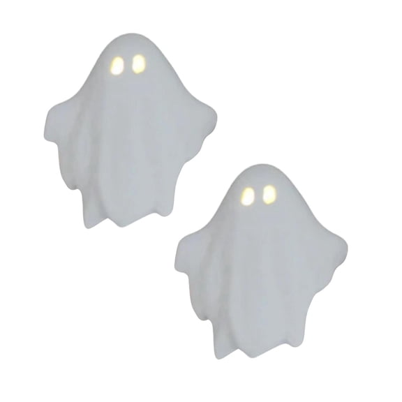 2pcs Halloween Glowing Ceramic Ghost Decoration, Warm Light Ghost Desktop Sculpture, LED Eye Ghost Statue for Party Fireplace Shelf Display