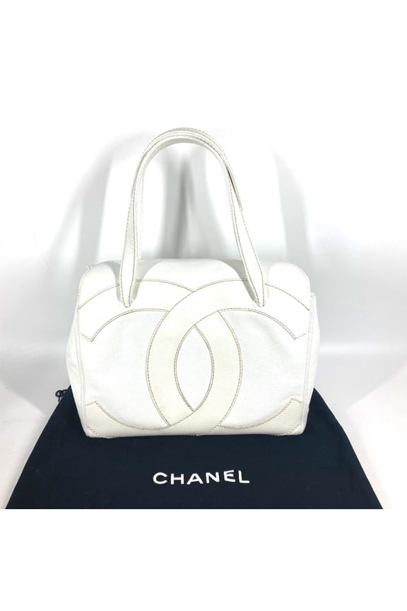 Pre-Owned CHANEL Deka Coco Mark CC Tote Bag Shoulder Caviar Skin Women's White L-240530-3
