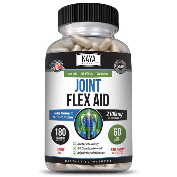 Kaya Naturals Flex Aid - Mobility Support KMC2Supplement for and Women - Turmeric Capsules with Glucosamine Sulfate, Boswellia Serrata and MSM - for Knee Support and Mobility Health - 180 Count