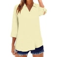 thumbnail image 5 of Womens 3/4 Sleeve Tops V Neck Cotton Linen Lightweight Casual Lapel Collared Shirts for Women with Button Cuffs (2XL, Beige), 5 of 6