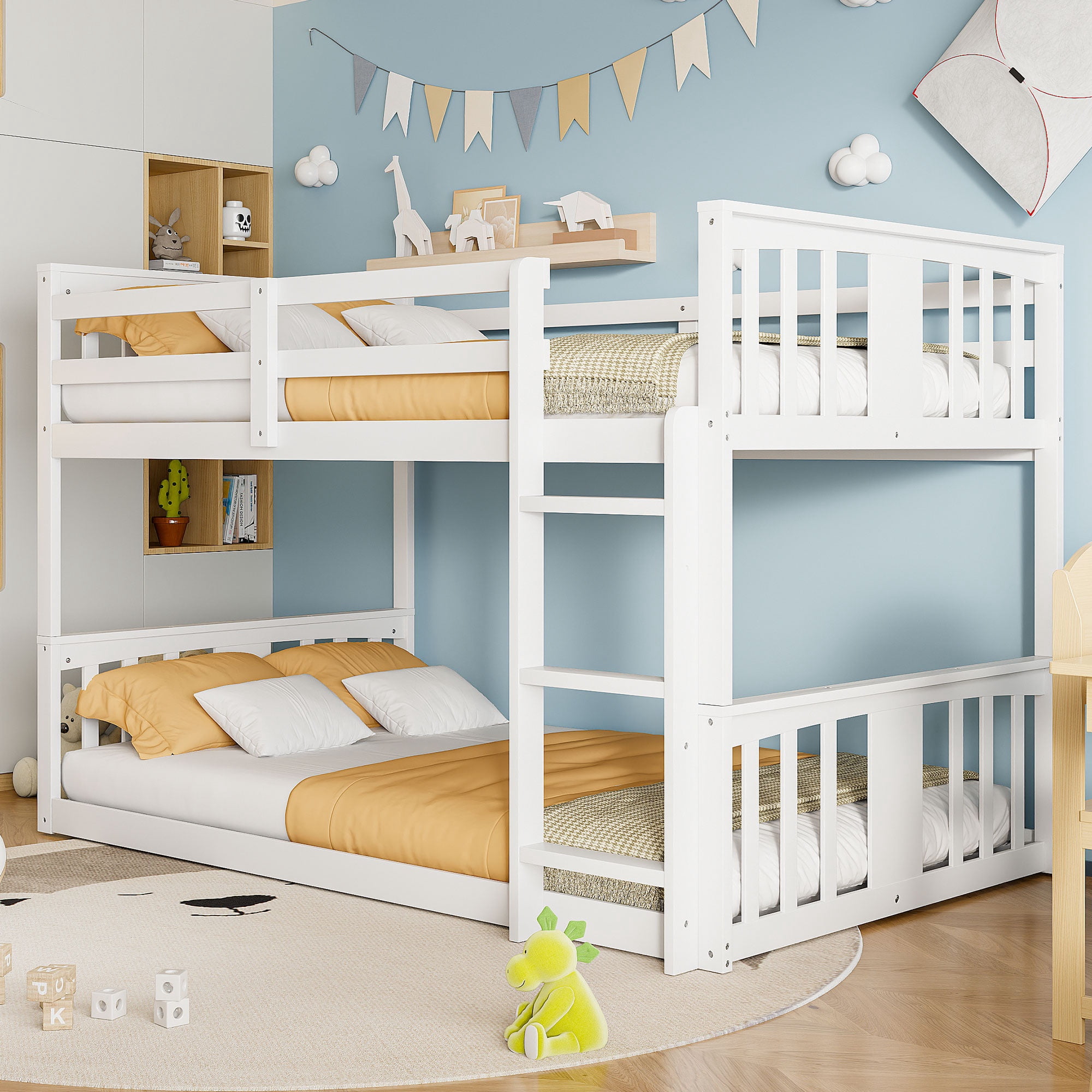 PORKISS Low Bunk Beds for Kids, New Upgraded Twin Over Twin Floor Bunk Bed with Ladder, Modern Bedroom Furniture Wood Bunk Bed for Boys Girls Teens, Easy Assembly, White