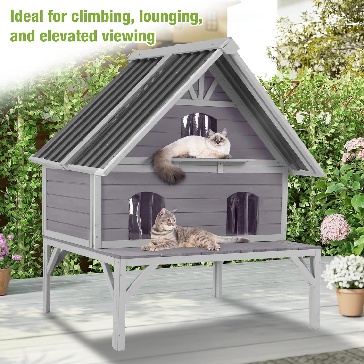 MEDEHOO Outdoor Cat House Weatherproof Feral Cat Shelter for Multiple Cats, 2-Story Independent Design with Escape-Friendly Doors and Spacious Porch