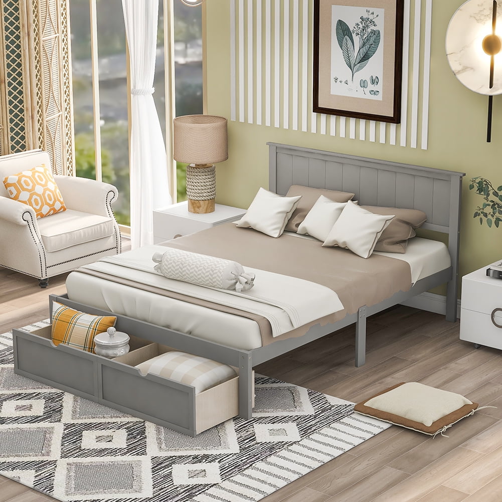 Lowestbest Wooden Full Szie Platform Bed Frame with Storage Drawer and Headboard, Gray Lowestbest Wooden Full Szie Platform Bed Frame with Storage Drawer and Headboard, Gray