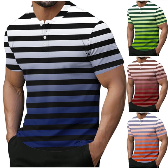 Antinious Men Fashion Button Crewneck Daily Stripe Print Short Sleeve T-Shirts
