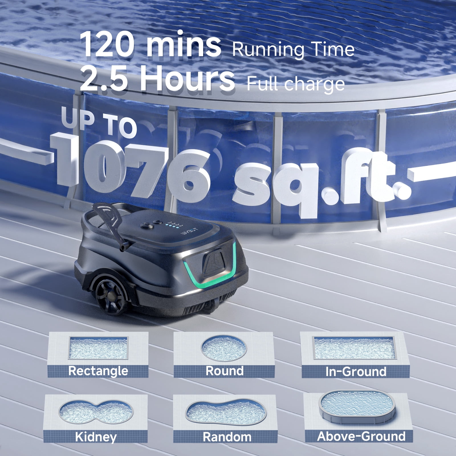 WYBOT A1 Cordless Robotic Pool Cleaner, Automatic Pool Vacuum for Above Ground Pools with 120 Mins, Double Filters, LED Indicator, Charge in 2.5H, 4 Cleaning Modes, Black & Green
