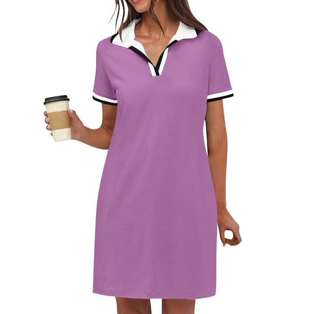 LOVZFMLL Robe Polo pour Femmes Été Décontractée Col en V Manches Courtes Fluide Couleur Contrastante Coupe Droite Robes T-Shirt avec Poches Violet m