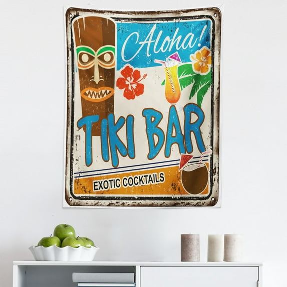 Tiki Bar Tapestry, Rusty Vintage Sign Aloha Exotic Cocktails and Coconut Drink Antique Nostalgic, Fabric Wall Hanging Decor for Bedroom Living Room Dorm, 5 Sizes, Multicolor, by Ambesonne