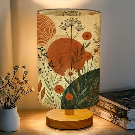 16-Color Dimmable Table Lamp for Bedroom, Boho Burnt Orange Botanical Nightstand Lamp with Wood Base Fabric Shade, Gifts for Nursery Living Room Reading Room