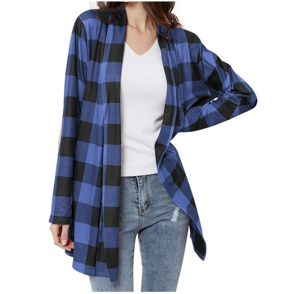 Niaviben Long Plaid Shirts for Women Checkered Cardigan Long Trench Coat for Women Jackets for Women Trendy Casual Jackets for Women Jackets for Women Shirts for Women Dressy Casual Blue L