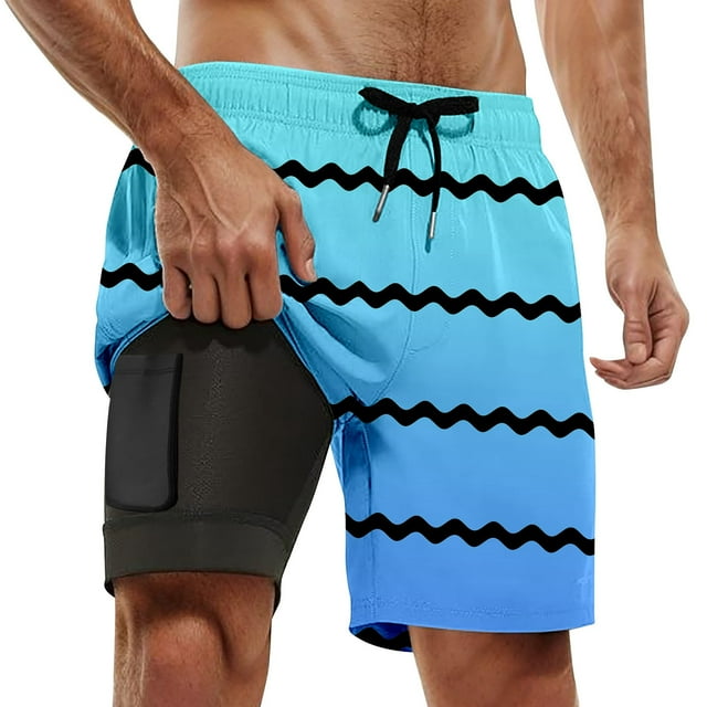 Men's Casual Beach Sports Plus Size Fashion Gradient Striped Double Layer Beach Pants, Compression Lined