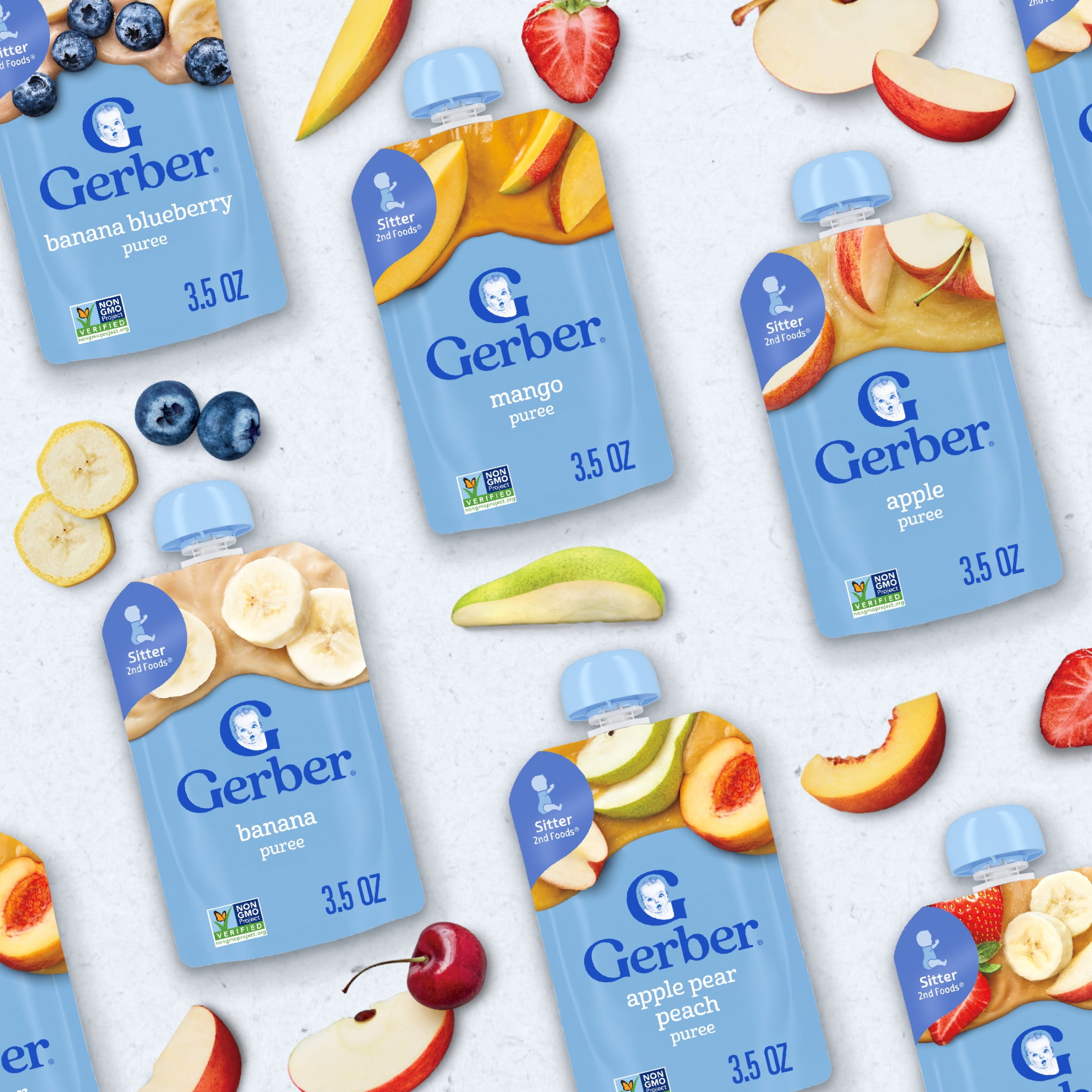 (3 pack) Gerber Stage 2 Baby Food, Single Fruit Puree Variety Pack, 3.5 oz Pouches (9 Pack)​