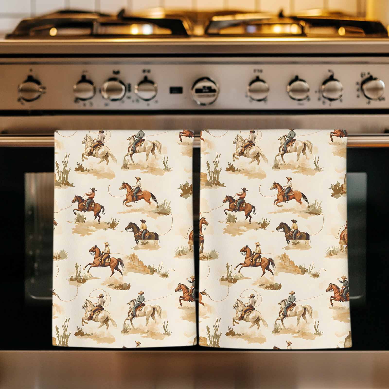 Western Cowboy Kitchen Towels Set of 2, Vintage Country Horse Plants Art Soft Microfiber Dish Towels, Absorbent Quick-Dry Washable Dishcloths for Kitchen Cleaning, Drying Dishes, 18x28 Inches