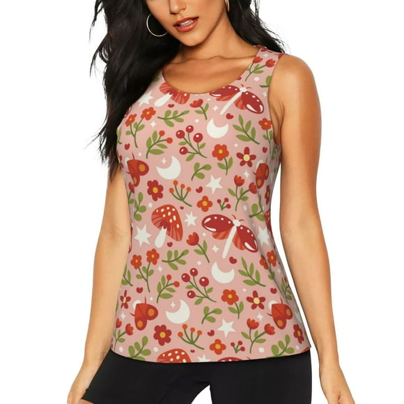Balery Dragonfly Mushroom Camiseta sin mangas estampada ligera para mujer, tops de entrenamiento sin mangas, camisetas de yoga transpirables de secado rápido.-Small