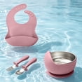 thumbnail image 6 of Guodhu Stainless Steel Plate with Suction Base Feeding Set Non Slip Silicone Suction Bowl Bib Fork Spoon Set Kids Dinnerware Red(Hot Pink), 6 of 6