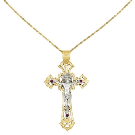 Red CZ 14kt Two-Tone Polished Crucifix Pendant