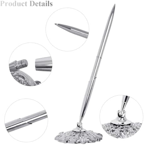 2 Pcs Silver Hollow Round Pen Holder Set Signing Desk Ballpoint Pens for Guest Book Wedding Birthday Party Graduation Teacher Office Business