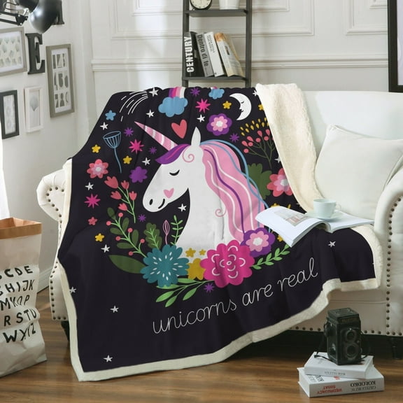 BlessLiving Throw Blanket for Girls 60x80“ Sherpa Fleece Blanket Black Unicorn Blanket for Kids Bedroom Decor