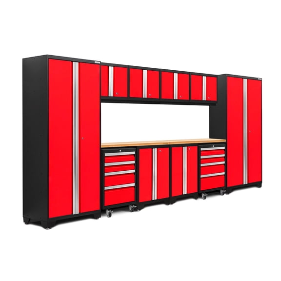 NewAge Products Bold Series Red 12 Piece Cabinet Set, Heavy Duty 24-Gauge Steel Garage Storage System, LED Lights Included