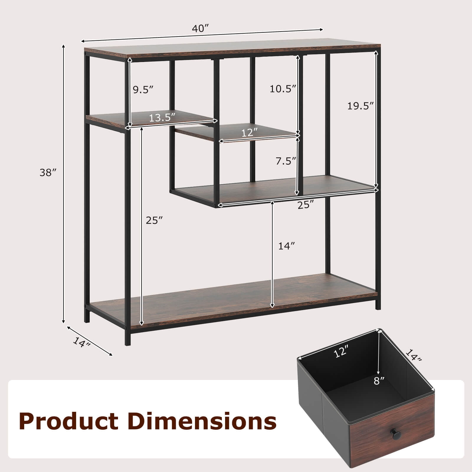 Costway 40" Console Table with Drawer & 4-Tier Shelf,Farmhouse Entryway Table Rustic Brown and Black