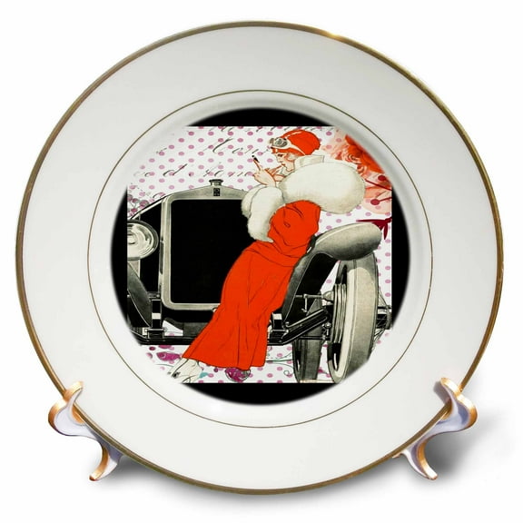 3dRose, Image of Lady in Red Leaning On Antique Car, 8 inch Porcelain Plate