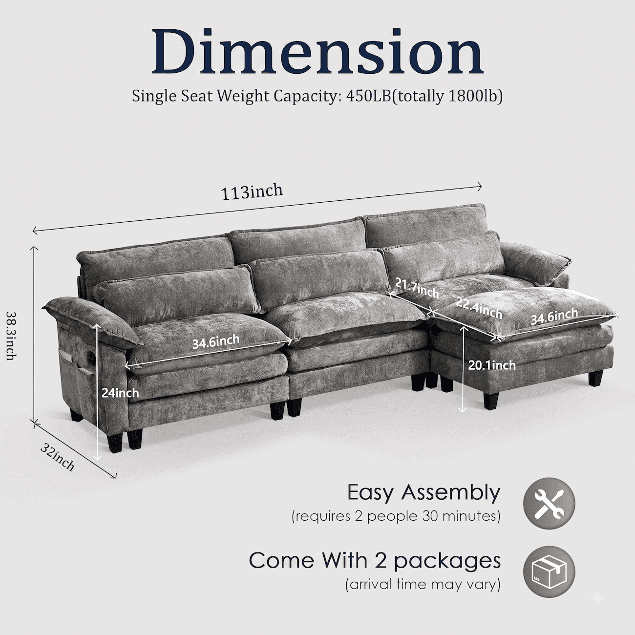 113" Convertible Cloud Sectional Sofa, Modern Chenille L Shaped Couch with Reversible Chaise, Deep Seat 4 Seat Sectional Sofa with Pillows, Comfy Upholstered Couch for Living Room Apartment (Grey)