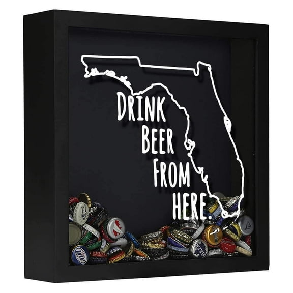 Torched Florida Drink Beer Cap Shadow Box Wall Mount Decor 13"x13"x3" Black