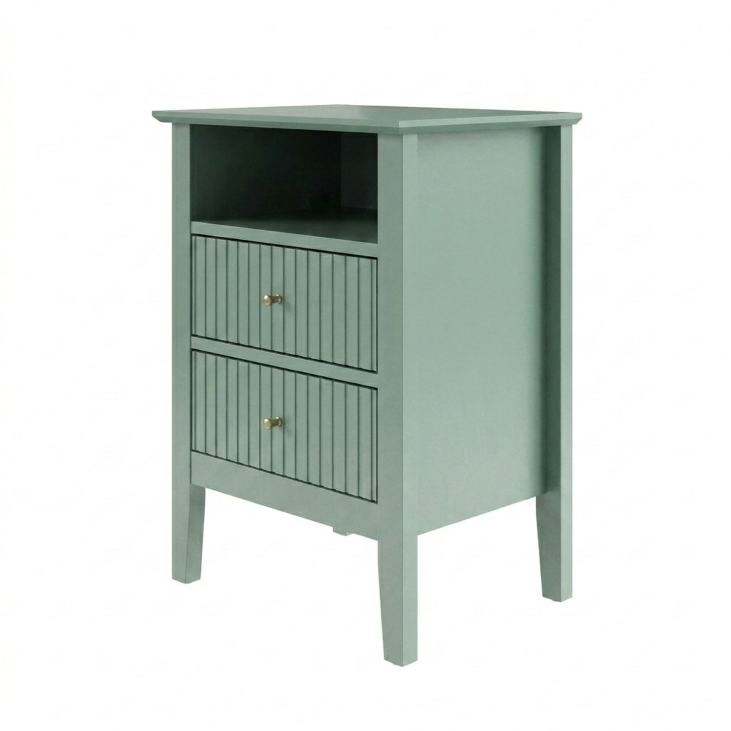 Hommoo 18"W Wooden Fluted Nightstand Set of 2,with 2 Drawers & Open Shelf, Modern Bedroom Sofa Side Table, Green