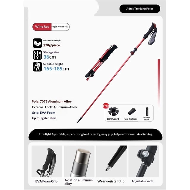 Bâtons de Randonnée Pliables - Bâtons de Marche en Aluminium Pliables avec Système de Verrouillage Rapide Accessoires, Télescopique, Réglable, Léger pour Hommes Femmes