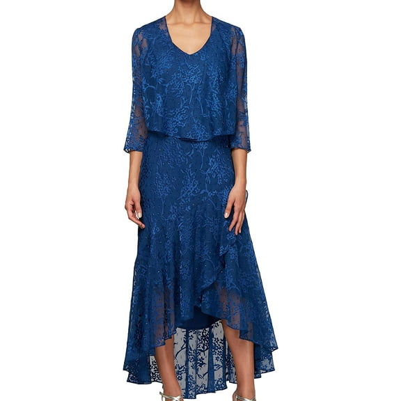 Alex Evenings Womens Tea Length Printed Chiffon Dress with Shawl 12 Royal