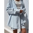 thumbnail image 5 of Women'S Cotton Summer 2 Piece Sets Long Sleeve Button Down Shirts Short Sets Vacation Outfits Blue M, 5 of 9