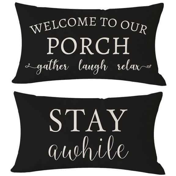 Outdoor Lumbar Pillow Covers 12x20 Inch, Set of 2, Farmhouse Black White Welcome Decorative Throw Covers, Stay Awhile Porch Patio Decor for Couch, Bench, Garden, Home Decor
