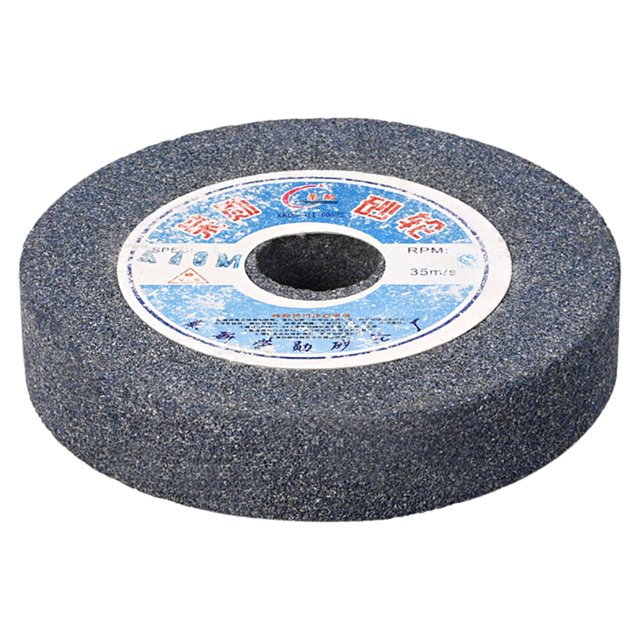 Unique Bargains 4-Inch Bench Grinding Wheel made of aluminum oxide with 60 grits granularity, shown in dark blue. The wheel has an outer diameter of 100mm (4 inches), an inner diameter of 20mm (0.79 inches), and a height of 20mm (0.79 inches). Suitable for grinder accessories and grinding medium to high tensile strength metals such as carbon steel and alloy steel.