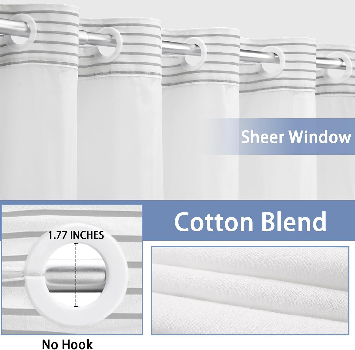 No Hook Shower Curtain with Snap in Liner Set Cotton and Linen Blend Shower Curtain for Bathroom Boho Gray Striped 75" L x 72" W
