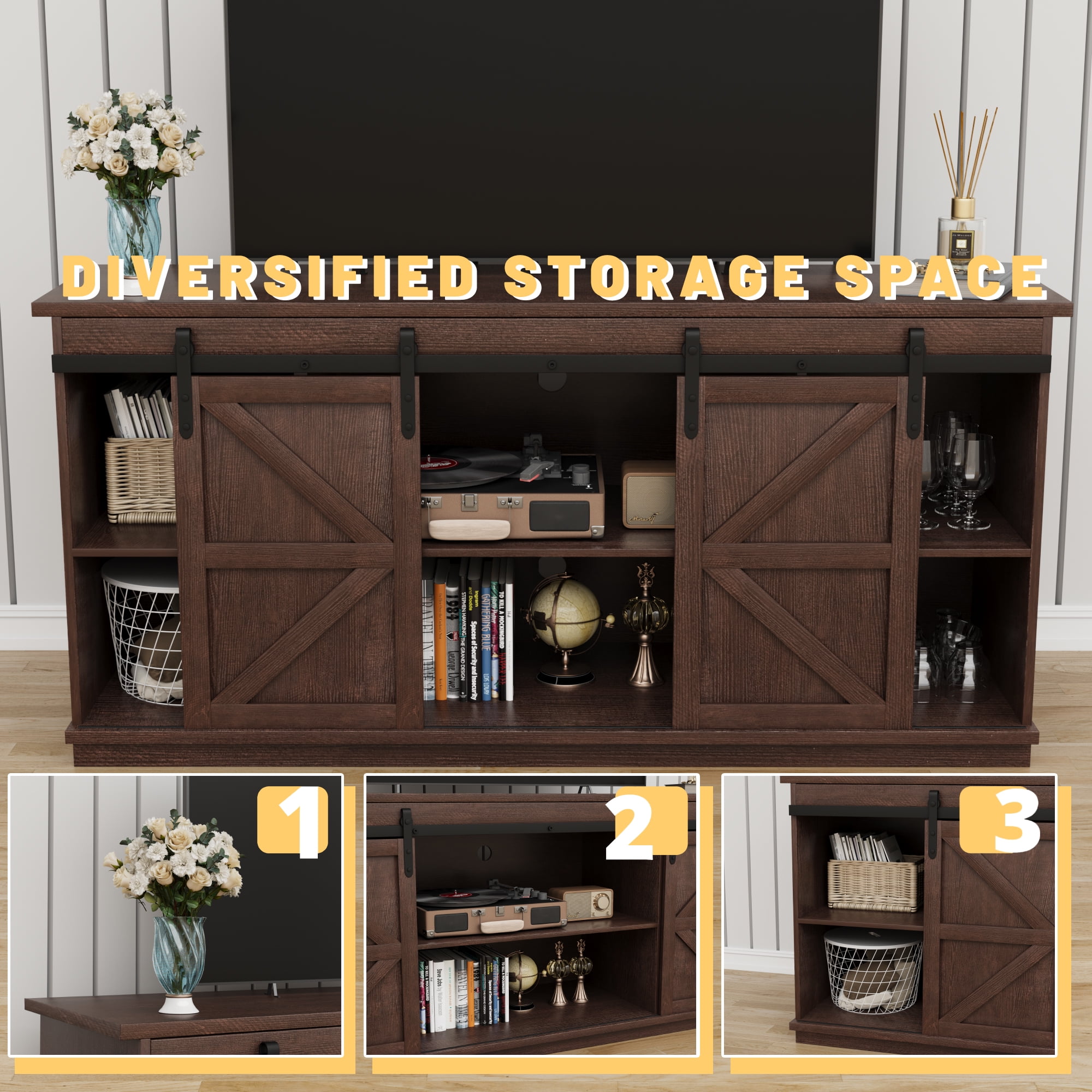 Vineego 58 inch Farmhouse TV Stand and Entertainment Center for Televisions,with Sliding Barn Doors and Storage Cabinets,Chocolate